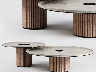 Light Colored Round Side Tables With Brown Ribbed Legs And Black Hole Design 3d model