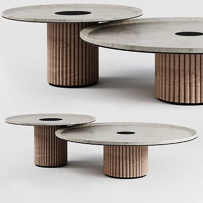 Light Colored Round Side Tables With Brown Ribbed Legs And Black Hole Design 3d model