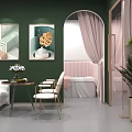Elegant Beauty Salon Interior Design With Green Walls Arched Doorways Palm Plants And Pink Chair