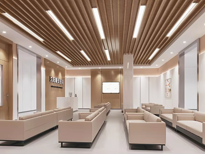 Modern Hospital Outpatient Clinic Waiting Area With Sofa Seats And Wooden Ceiling Lighting 3d model