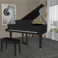 Elegant Interior With Black Grand Piano Spiral Painting Bookshelf Green Plants And Window