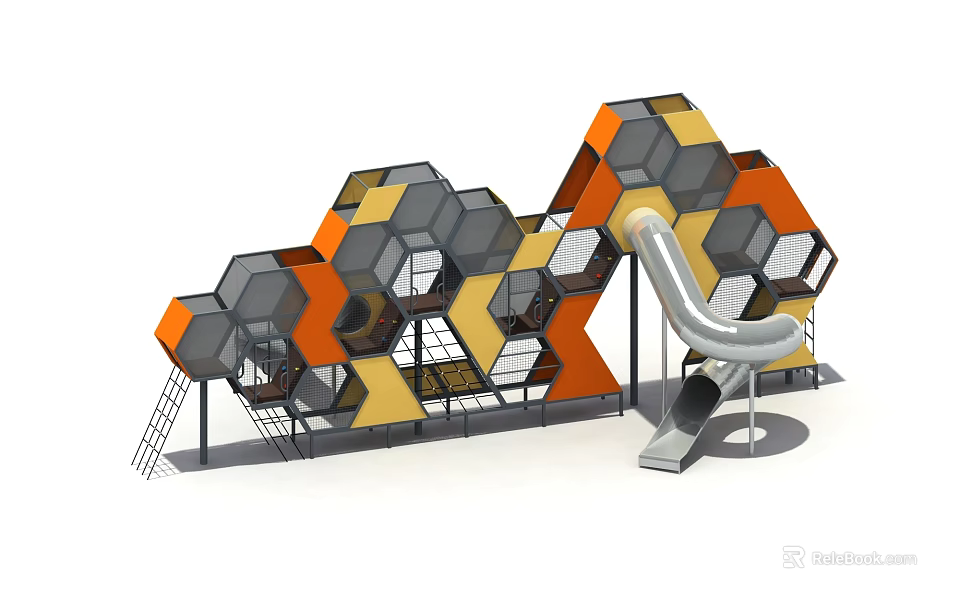 Colorful Hexagonal Playground Structure With Orange Yellow Gray Modules And Slide 3d model 