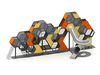 Colorful Hexagonal Playground Structure With Orange Yellow Gray Modules And Slide 3d model