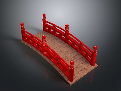 Traditional Red Bridge With Wooden Deck And Ornate Red Railings Adorned With Ornamental Posts 3d model