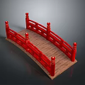 Traditional Red Bridge With Wooden Deck And Ornate Red Railings Adorned With Ornamental Posts