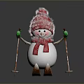 Snowman Character In Red Hat Scarf Holding Ski Poles Standing On Skis