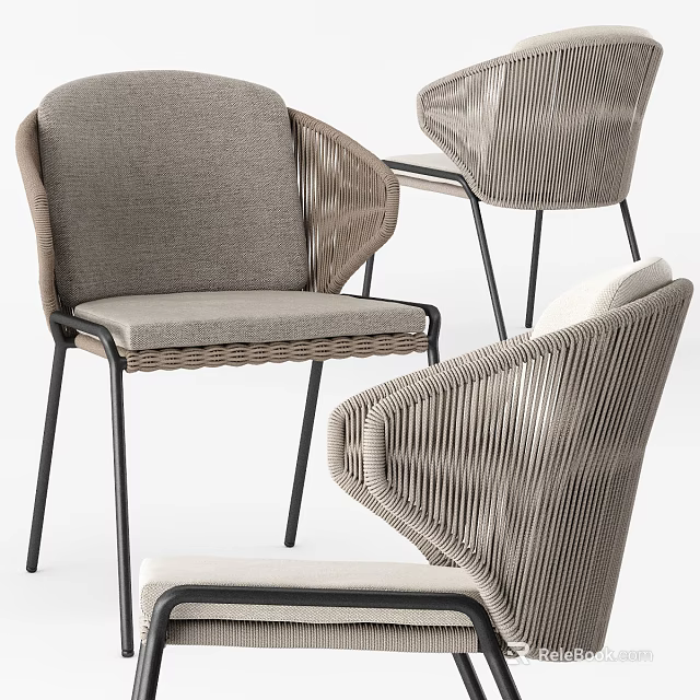 Modern Leisure Chair With Rattan Armrests Gray Fabric Seat And Metal Legs 3d model 