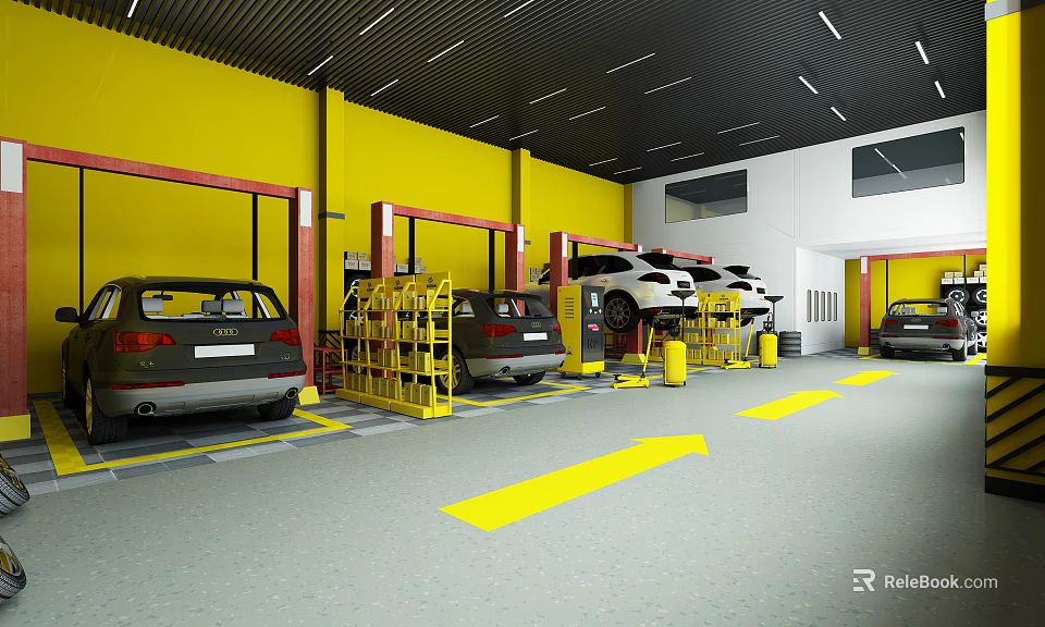 Professional Car Dealership Service Workshop With Car Lifts Vehicles Yellow Walls And Floor Arrows 3d model 