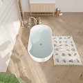 Modern Elegant Bathroom Interior With White Bathtub Wooden Floor Green Plant Decorative Artworks And Rug