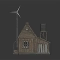 Cartoon Scene of Wooden Cabin with Tin Roof Orange Section and Water Tower Windmill