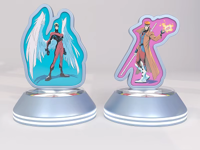Anime Figurines With Winged Red Black Outfit Staff Wielding Brown Coat And Silver Glowing Base 3d model