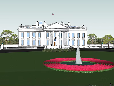 White House Exterior With Columns American Flag Lawn Circular Flower Bed And Fountain 3d model