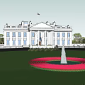 White House Exterior With Columns American Flag Lawn Circular Flower Bed And Fountain