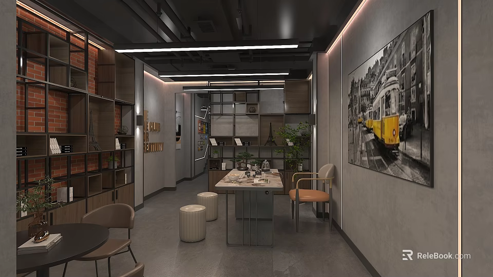 Modern Office Interior With Open Layout Wooden Shelves Desk Chairs And Decorative Art 3d model 