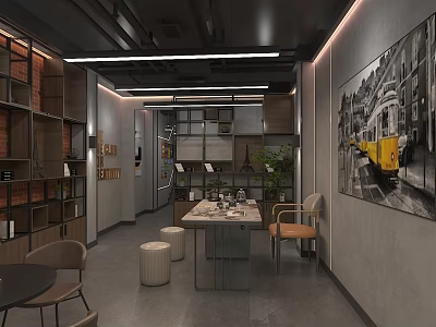 Modern Office Interior With Open Layout Wooden Shelves Desk Chairs And Decorative Art 3d model