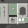 Modern Bathroom Interior Design With Green Vanity Circular Mirror Shower Niche And Light Tiles