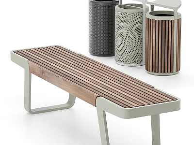 Modern Outdoor Bench with Wooden Slats and Metal Frame alongside Stylish Trash Bins 3d model