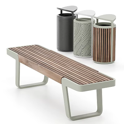 Modern Outdoor Bench with Wooden Slats and Metal Frame alongside Stylish Trash Bins 3d model