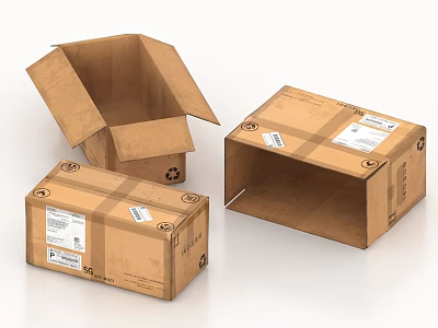 Open and Closed Cardboard Boxes With Labels And Recycling Symbols On White Background 3d model