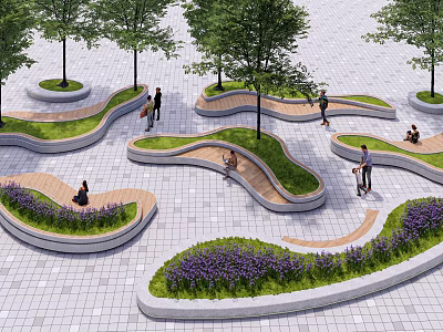 Curved Tree Pits with Green Plants Purple Flowers and Stone Pavement People Sitting Standing Nearby 3d model