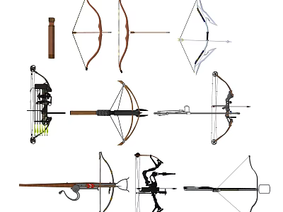 Various Types of Bow Weapons Featuring Traditional and Modern Designs for Archery 3d model