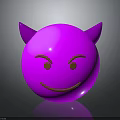 Pink Sphere Cartoon Creature With Purple Horns Brown Eyebrows And Smiling Mouth On Gray Background