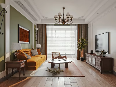 Cozy Living Room Interior Design With Orange Sofa Armchair Coffee Table TV And Chandelier Decor 3d model