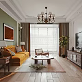 Cozy Living Room Interior Design With Orange Sofa Armchair Coffee Table TV And Chandelier Decor