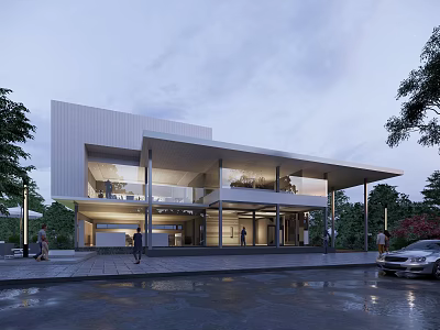 Modern Sales Office Building With Open Design Large Windows Surrounding Trees And People Walking 3d model