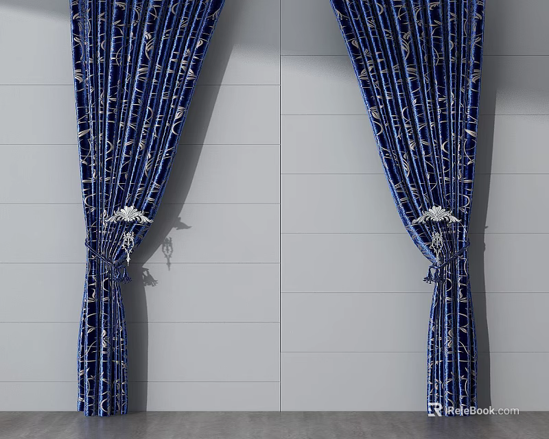 Blue Curtains With White Patterns Hanging On White Wall With Decorative Tiebacks 3d model