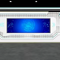Futuristic Tech Interior With Blue Digital Screen And Geometric Lighting Design