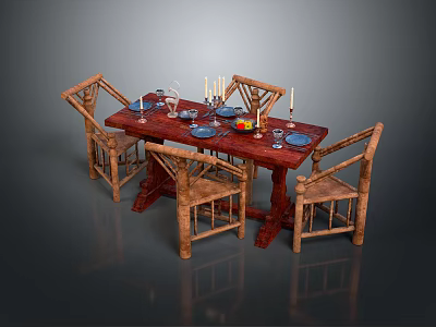 Dark Wooden Dining Table With Rattan Chairs And Dinnerware Candles Fruit Platter 3d model