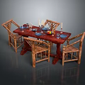 Dark Wooden Dining Table With Rattan Chairs And Dinnerware Candles Fruit Platter