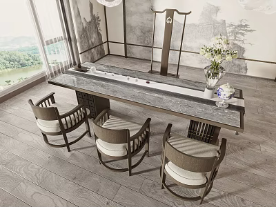 Chinese Style Tea Table And Chairs With Marble Top Upholstered Seats And Landscape Decor 3d model
