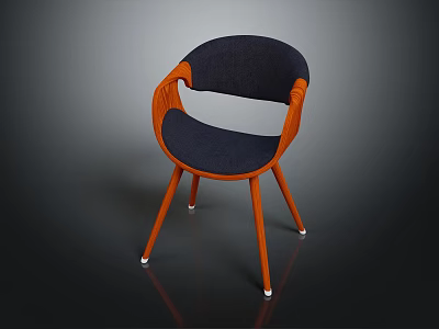 Modern Accent Chair With Orange Wooden Frame Navy Blue Cushion Curved Armrests Three Legs 3d model