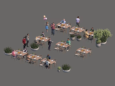 Dining Table Set With People Around Multiple Tables Chairs And Potted Plants 3d model