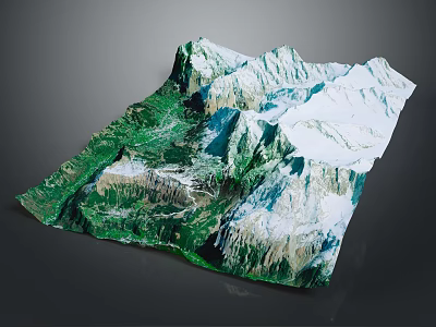 3D Terrain Model Featuring Snow Covered Mountains And Green Vegetation 3d model