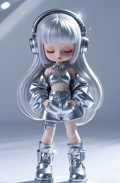 Stylish Game And Movie Character With Silver Long Hair Headphones And Shiny Outfit 3d model