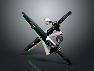 Modern Crossed Swords With Black Blades Green Luminous Accents And Decorative Hilts 3d model
