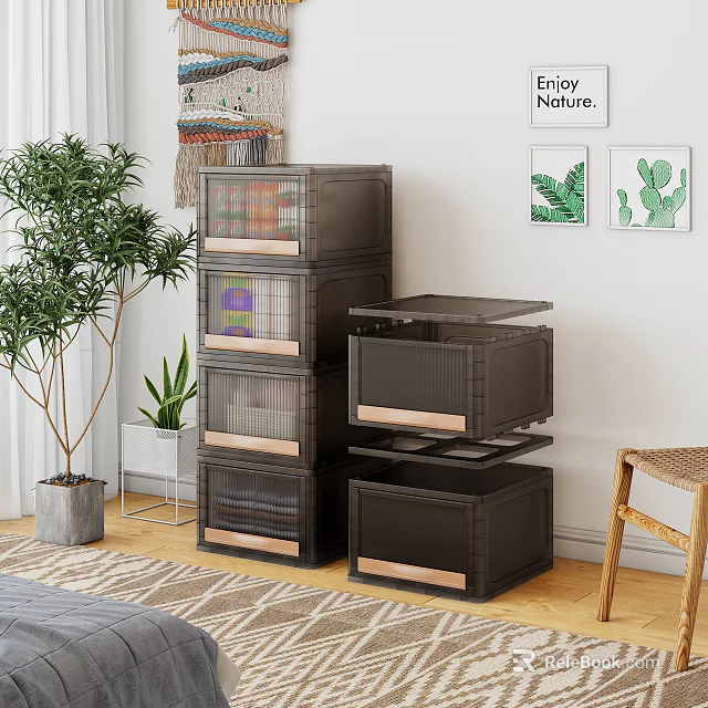 Dark Brown Multi Drawer Chest of Drawers With Wooden Handles Green Plants And Wall Art 3d model 