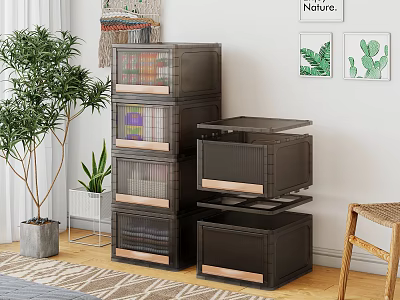 Dark Brown Multi Drawer Chest of Drawers With Wooden Handles Green Plants And Wall Art 3d model
