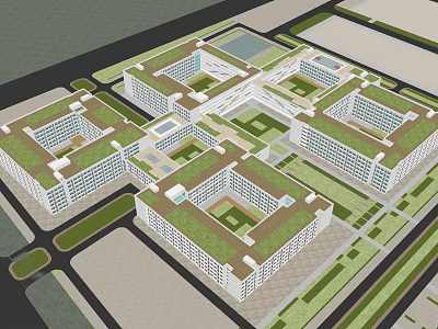 Modern Architectural Complex Design With Green Roofs Courtyards And Open Spaces 3d model