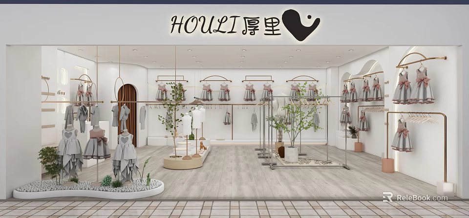 Modern Clothing Store Interior With Hanging Clothes Racks Decorative Plants And Display Areas 3d model 