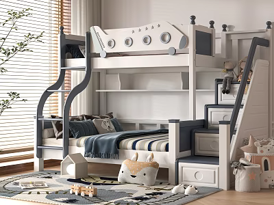 Kids Bunk Bed With Stairs And Storage Drawers In Bright Kids Room With Soft Toys 3d model