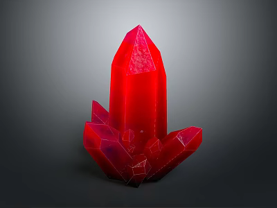 Red Crystal Stone with Shiny Polyhedral Shape on Gray Background Surface 3d model
