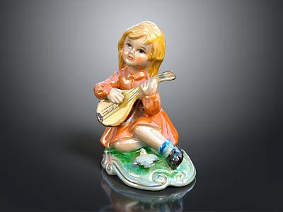 Cute Blonde Child Doll Playing Lute In Orange Dress On Green Base 3d model