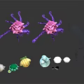 Colorful Small Figures And Purple Octopus Like Creatures With Pink Tops And Metal Structures