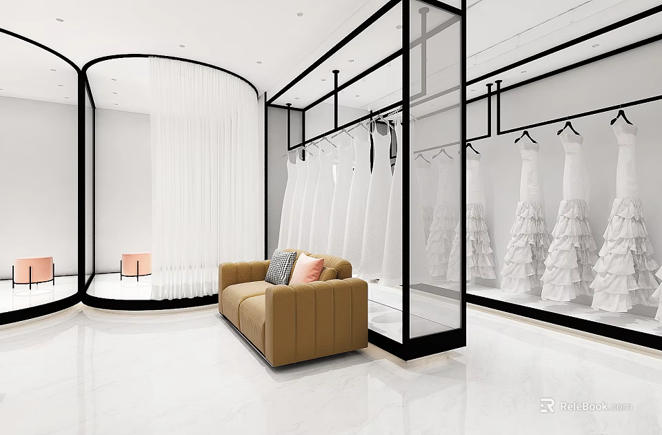 Bridal Shop Interior with White Wedding Dresses Hanging on Racks Brown Sofa and Glass Partitions 3d model 