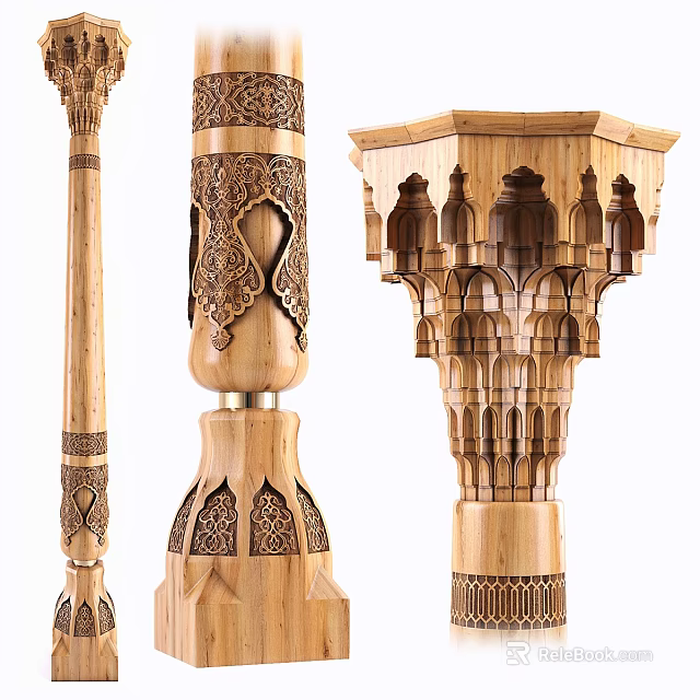 Ornamental Carved Wooden Columns Architectural Elements With Intricate Traditional Patterns 3d model 