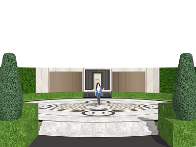 Stone Feature Wall Design With Circular Pattern Steps And Trimmed Greenery Entrance 3d model